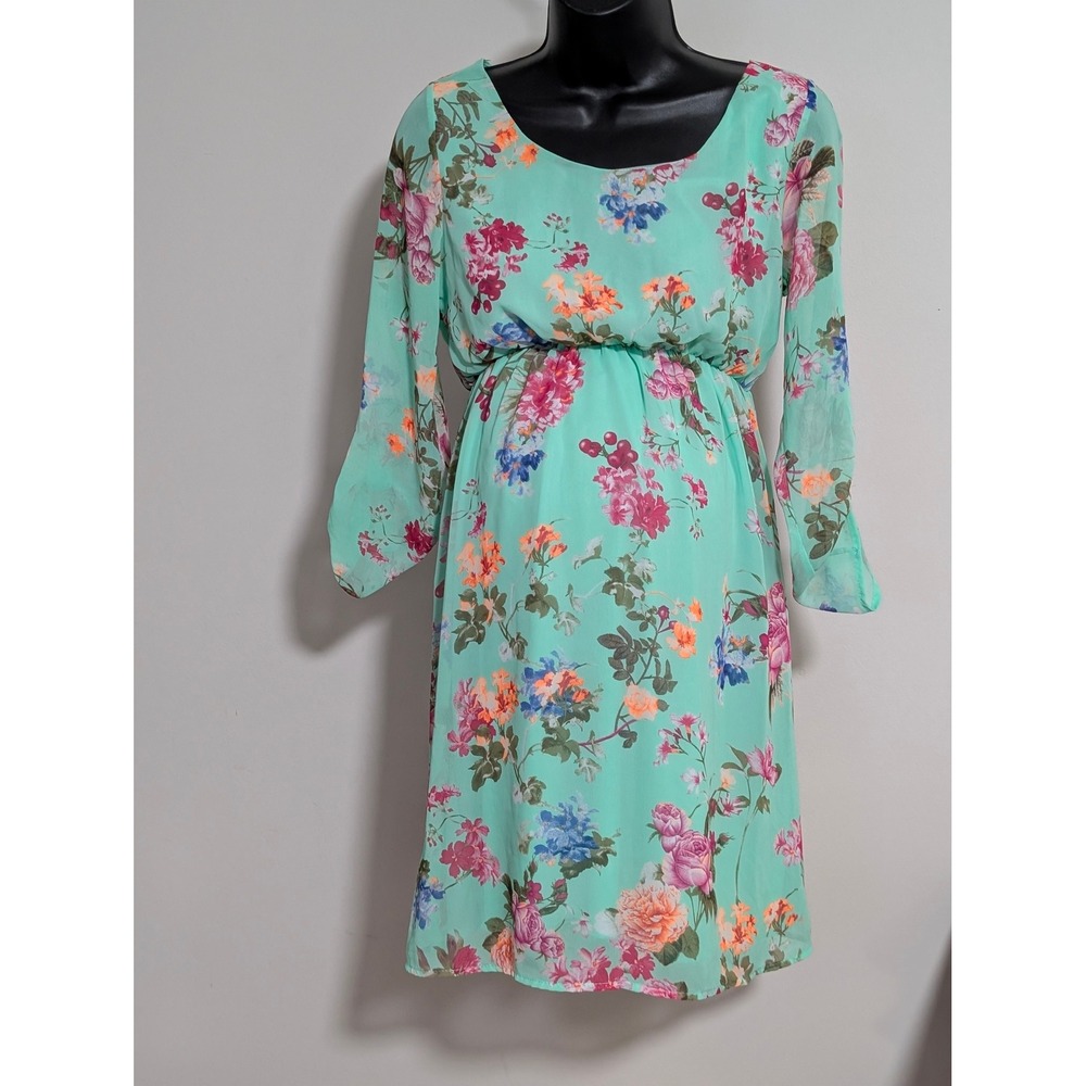 Pink Blush Maternity Floral Print Dress Long Sleeve Round Neck Mint Small
